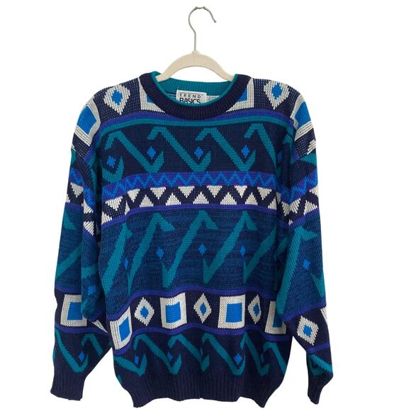 Vintage Trend Basics Funky Geometric Blue Pullover Sweater - Picture 1 of 4